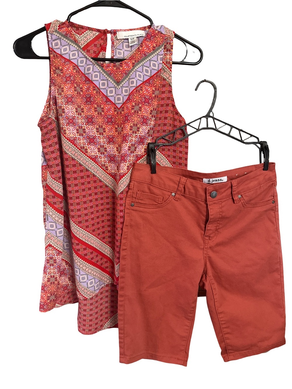 d. jeans Red Patterned Sleeveless Top with Rust Shorts